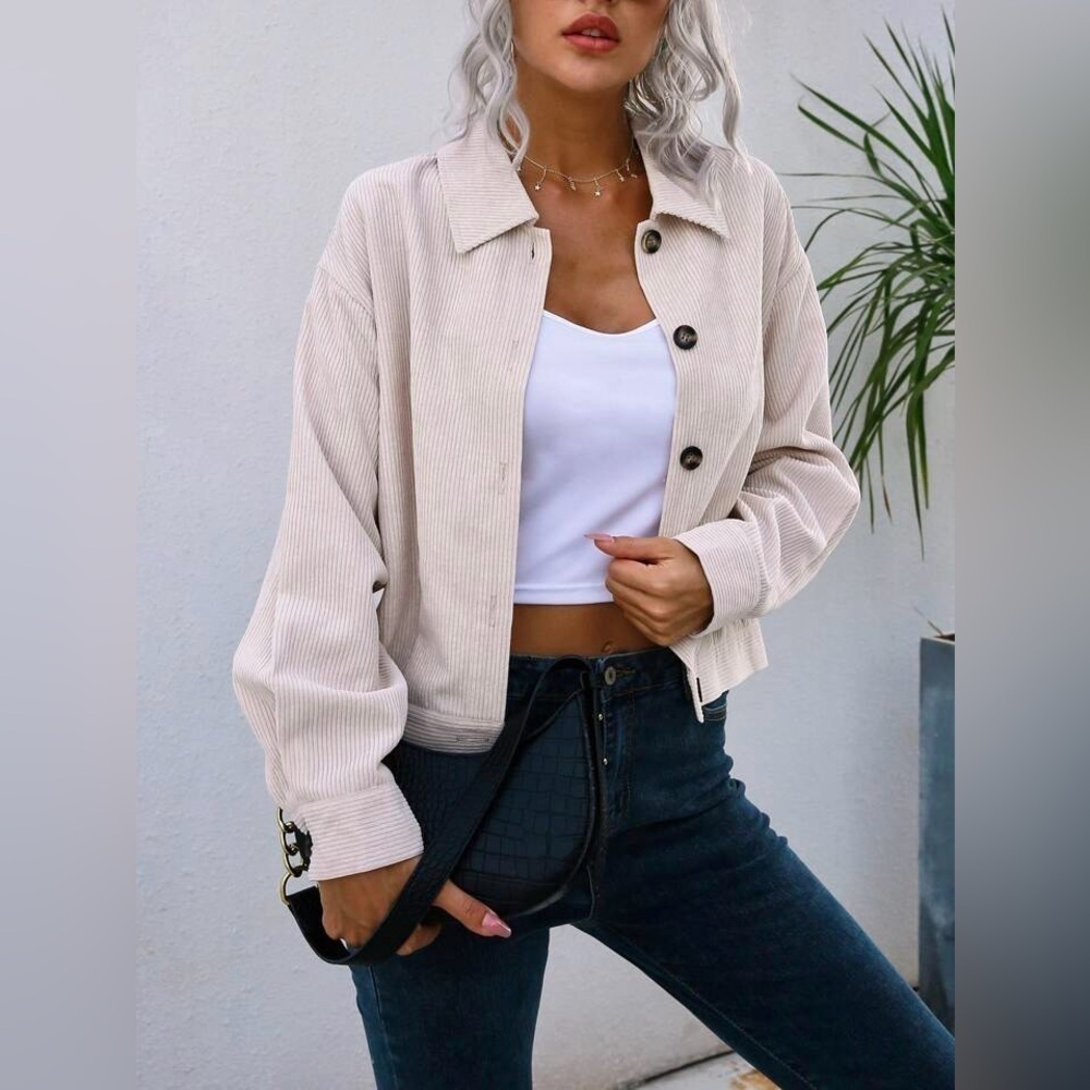 Drop Shoulder Corduroy Jacket Beige Size XS - Picture 3 of 13